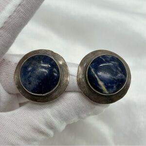 Vintage Taxco 925 Sterling Silver stamped Sodalite Stone Clip on Disc Earrings